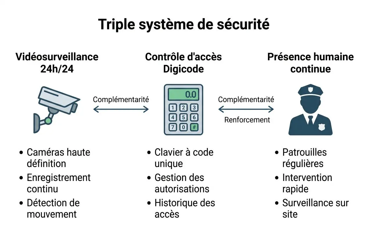 Centre de stockage autour de moi : illustration d’un triple système de sécurité avec vidéosurveillance, contrôle d’accès Digicode et présence humaine continue, features: caméras haute définition, enregistrement, détection de mouvement, clavier à code unique, gestion des autorisations, historiques des accès, patrouilles régulières et surveillance sur site.