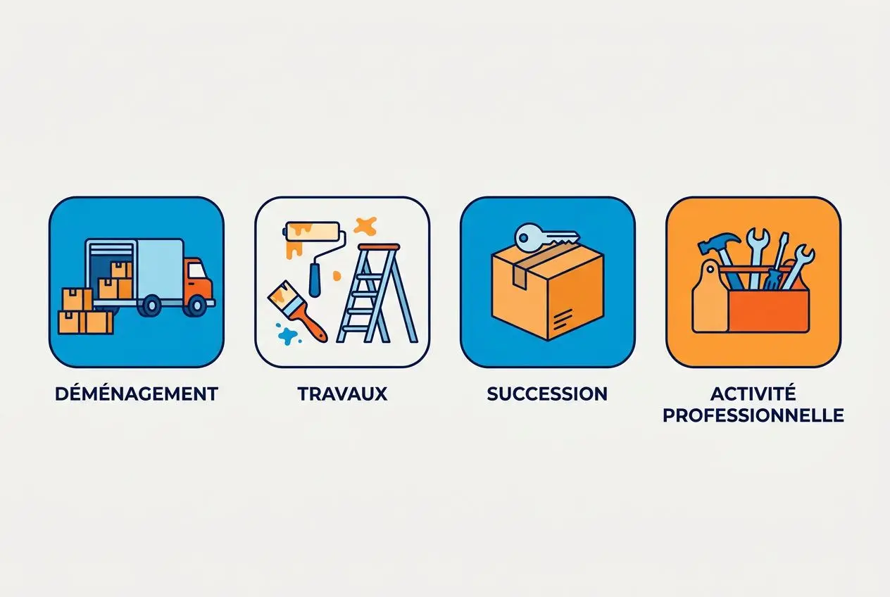Centre de stockage autour de moi : illustration montrant déménagement, travaux, succession et activité professionnelle en icônes colorées.