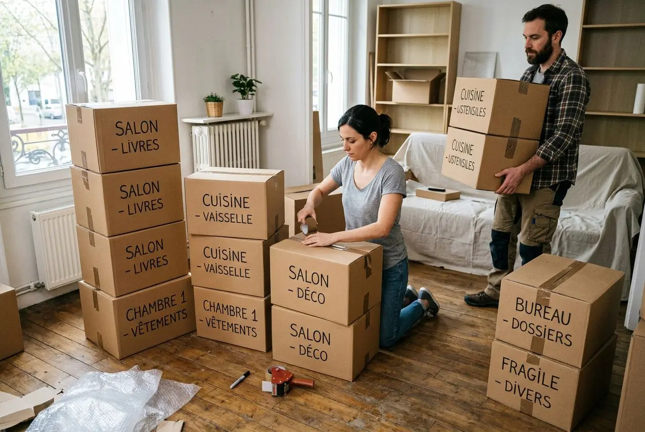 Deux personnes emballant et étiquetant des cartons de déménagement dans un salon, prêts à être rangés selon les pièces. commentaire intégré : comment faire ses cartons de déménagement.