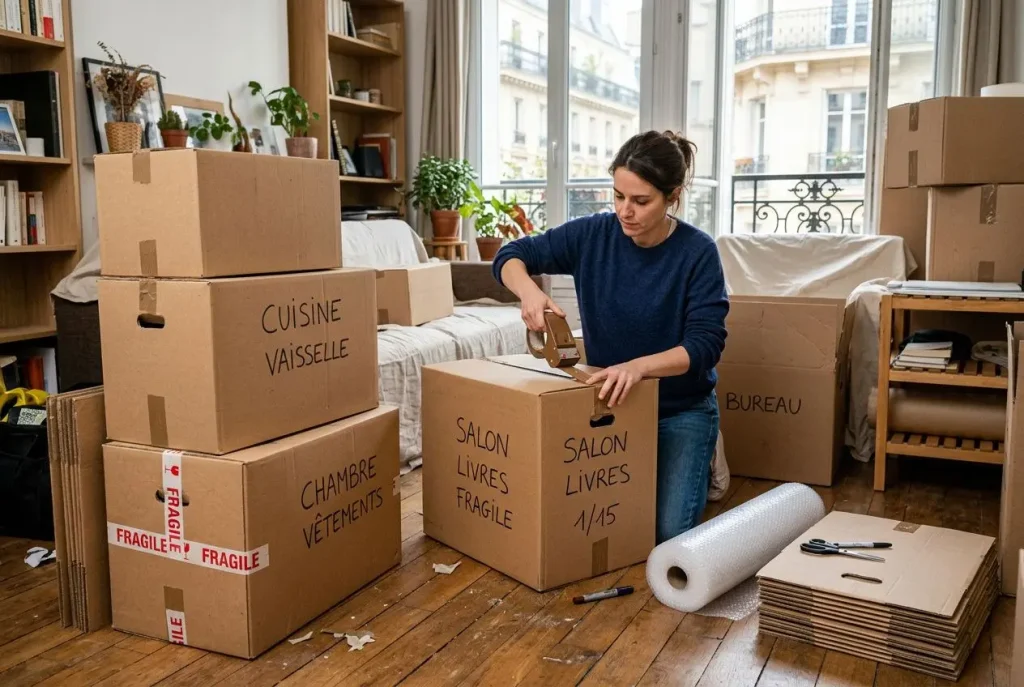Femme emballant des cartons dans un salon, étiquetant « salon, livres fragiles » et « cuisine : vaisselle », amidement boz. Sur le sol, rouleau de papier bulle et planches.