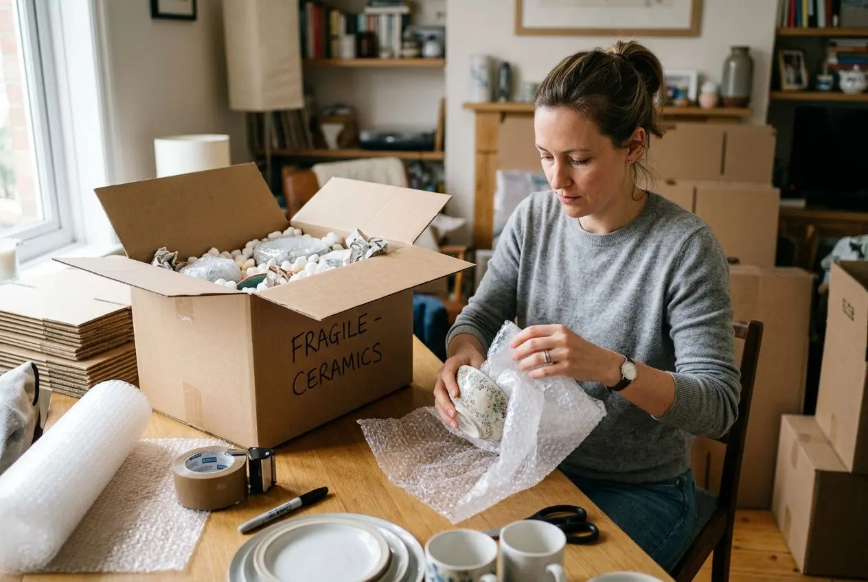 Femme emballant de la vaisselle fragile entourée de cartons et matériel d’emballage pour déménagement, prêt à répondre à “comment faire ses cartons de déménagement”